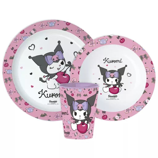 🎀 Service de table Hello Kitty Kuromi – Micro-ensemble en plastique (tasse 260 ml) 🖤