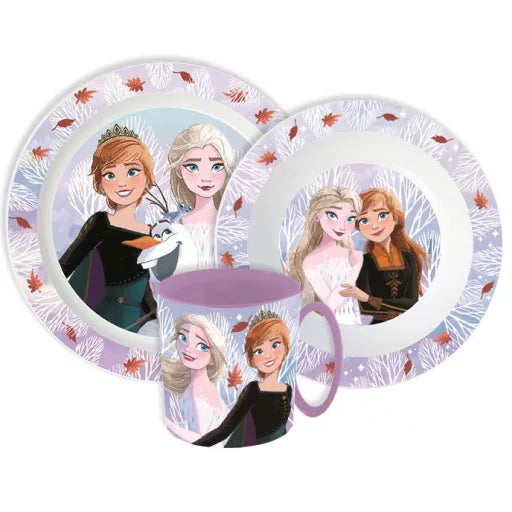 ❄️ Service de table Disney Frozen Feuilles d’automne – Micro-ensemble en plastique (gobelet 390 ml) 🍂