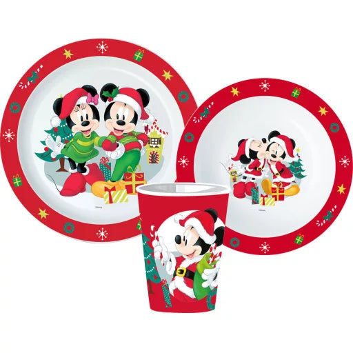 🎄 Service de table de Noël Disney Minnie & Mickey – Micro-ensemble en plastique (tasse 260 ml) 🎁