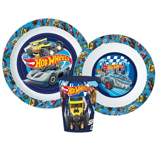 🔥 Service de table Hot Wheels Blue Fire – Micro-ensemble en plastique (verre 260 ml) 🏎️