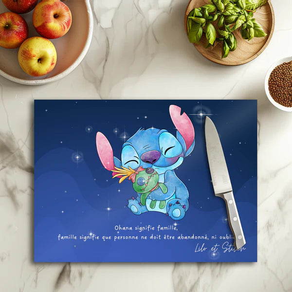 🌀💚 Planche à découper Stitch x Souillon – Duo Chaos & Fun – Verre 20 × 28,5 cm