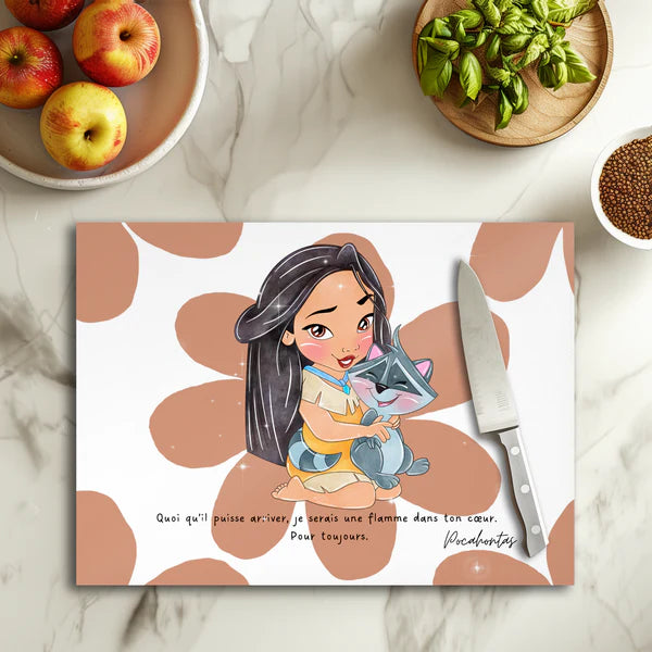 🍂🦅 Planche à découper Pocahontas Esprit de la Nature – Verre 20 × 28,5 cm