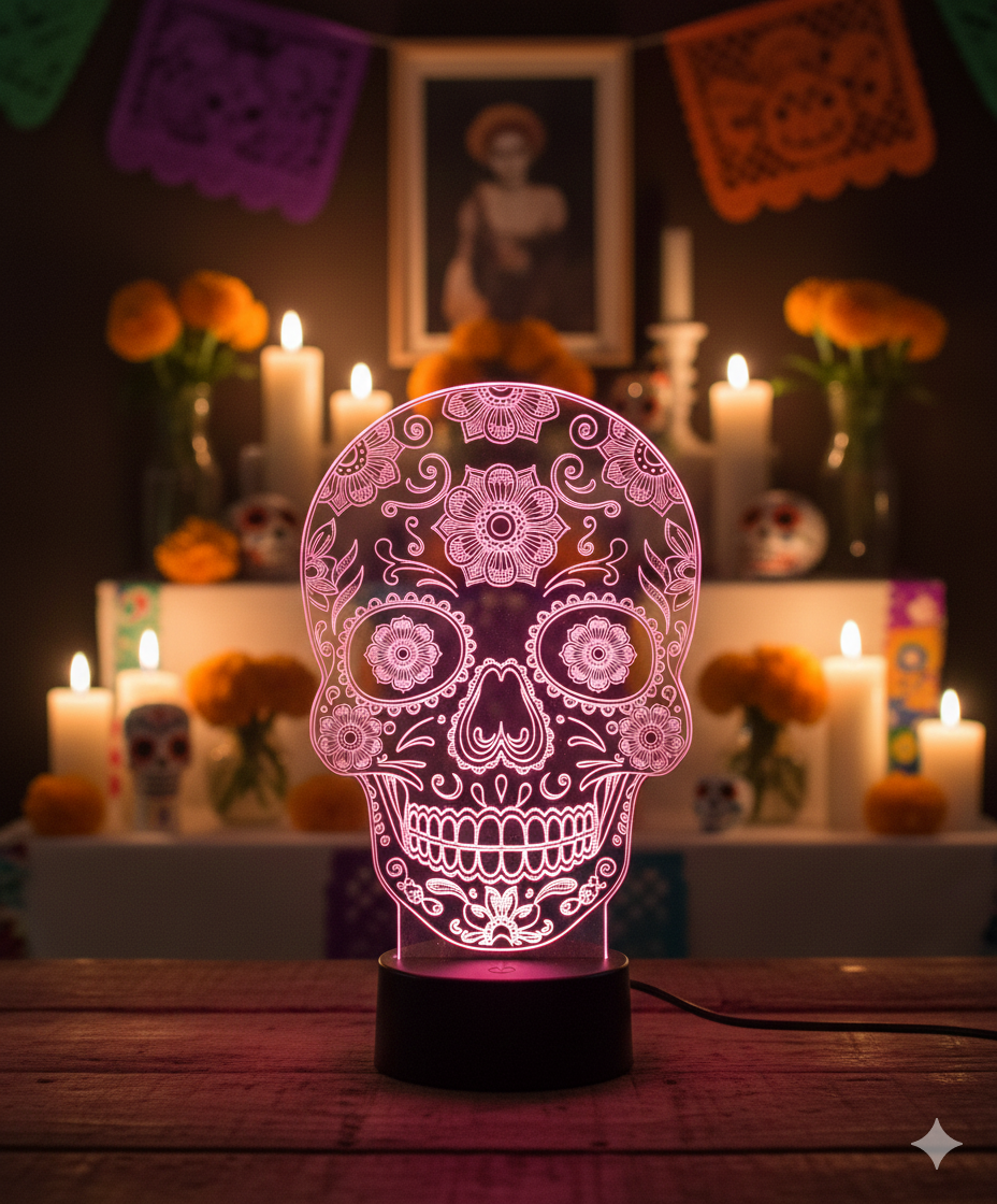 💀✨ Lampe Illusion 3D Tête de Mort Mexicaine – Calavera