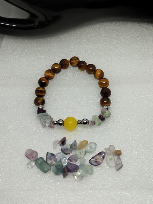 🍀✨ Bracelet Œil de Tigre • Fluorite • Sélénite Œil de Chat Jaune