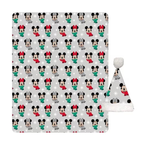 🎄 Ensemble de Noël – Disney Mickey &amp; Minnie – couverture + bonnet en polaire corail