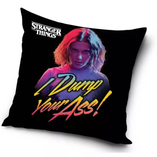 👾 Coussin décoratif – Stranger Things « Laisse tomber ton cul » – 40 × 40 cm