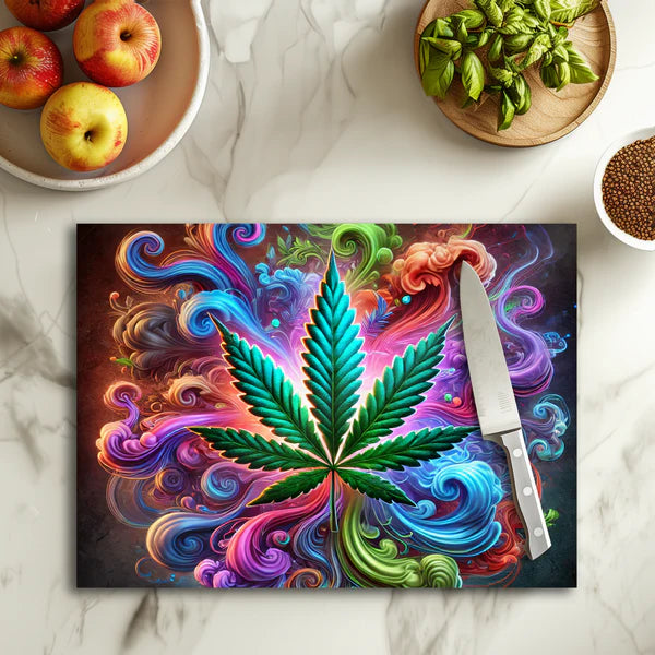 🌈🌿 Planche à découper Rainbow Cannabis – Verre 20 × 28,5 cm