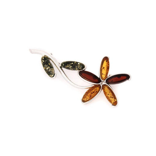 🌸 Broche Fleur Femme en Argent Rhodié 925/1000 avec Ambre Naturel 🧚‍♀️